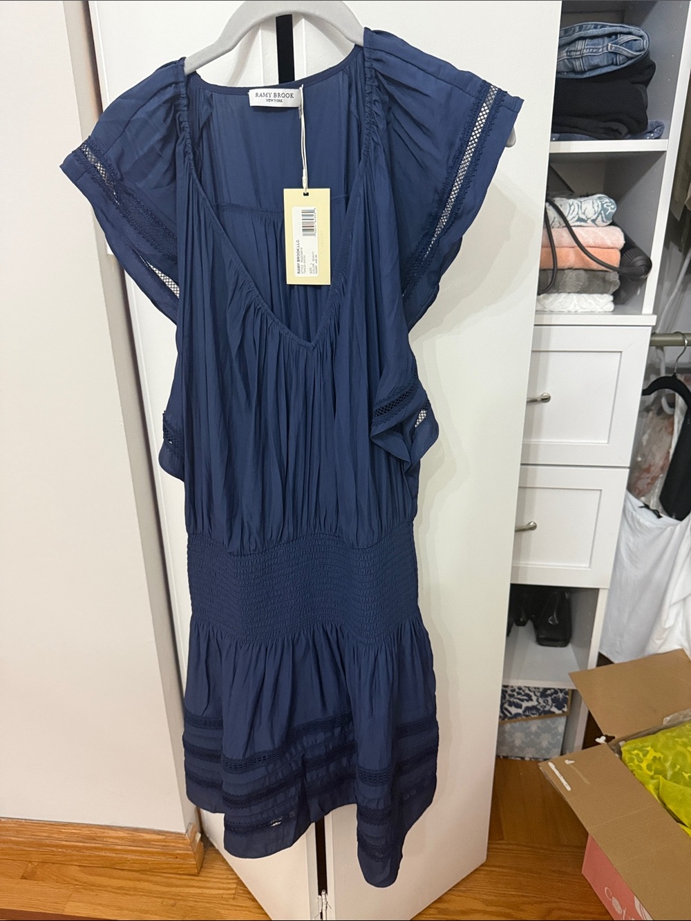 Ramy brook Navy Flutter Sleeve Smocked Waist Dress